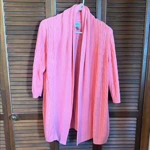 Chico's Coral-Pink Open-Front Cable Cardigan